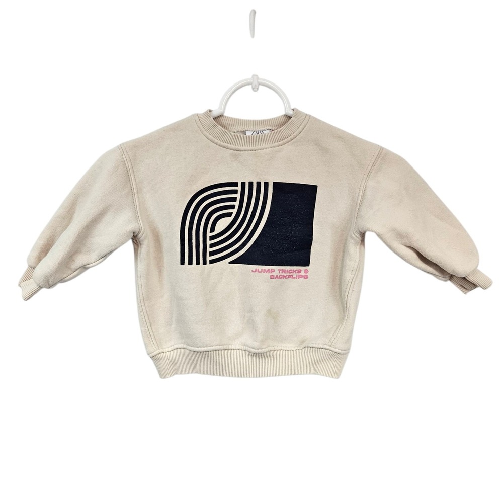 Zara Kids Beige Sweatshirt Jump Tricks Backflips Graphic Pullover 18-24 Months - Picture 2 of 9